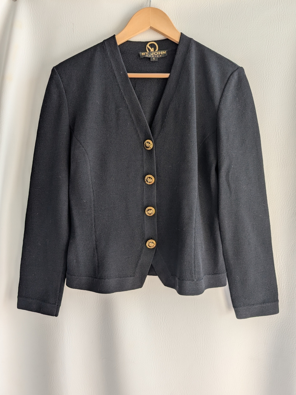St. John Basics Black Santana Knit V-Neck Knit Blazer with Gold Buttons - S